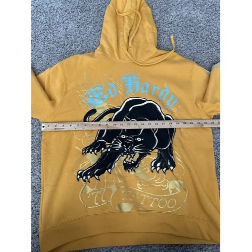 Ed Hardy Mens Yellow Black Panthers Graphic Print Hoodie Size XL Pockets - Picture 9 of 15
